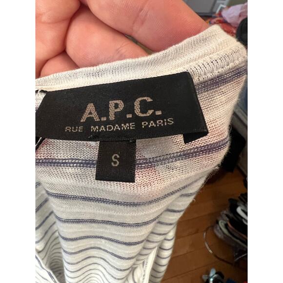 A.P.C. White Striped Linen Cotton Blend Long Sleeve Tee Size Small - Picture 9 of 9